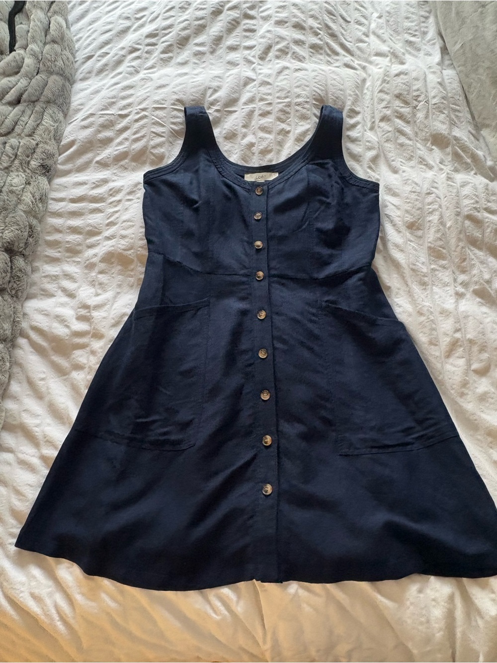LOFT Navy Linen Blend Button Front A-Line Sleeveless Dress - Picture 2 of 5